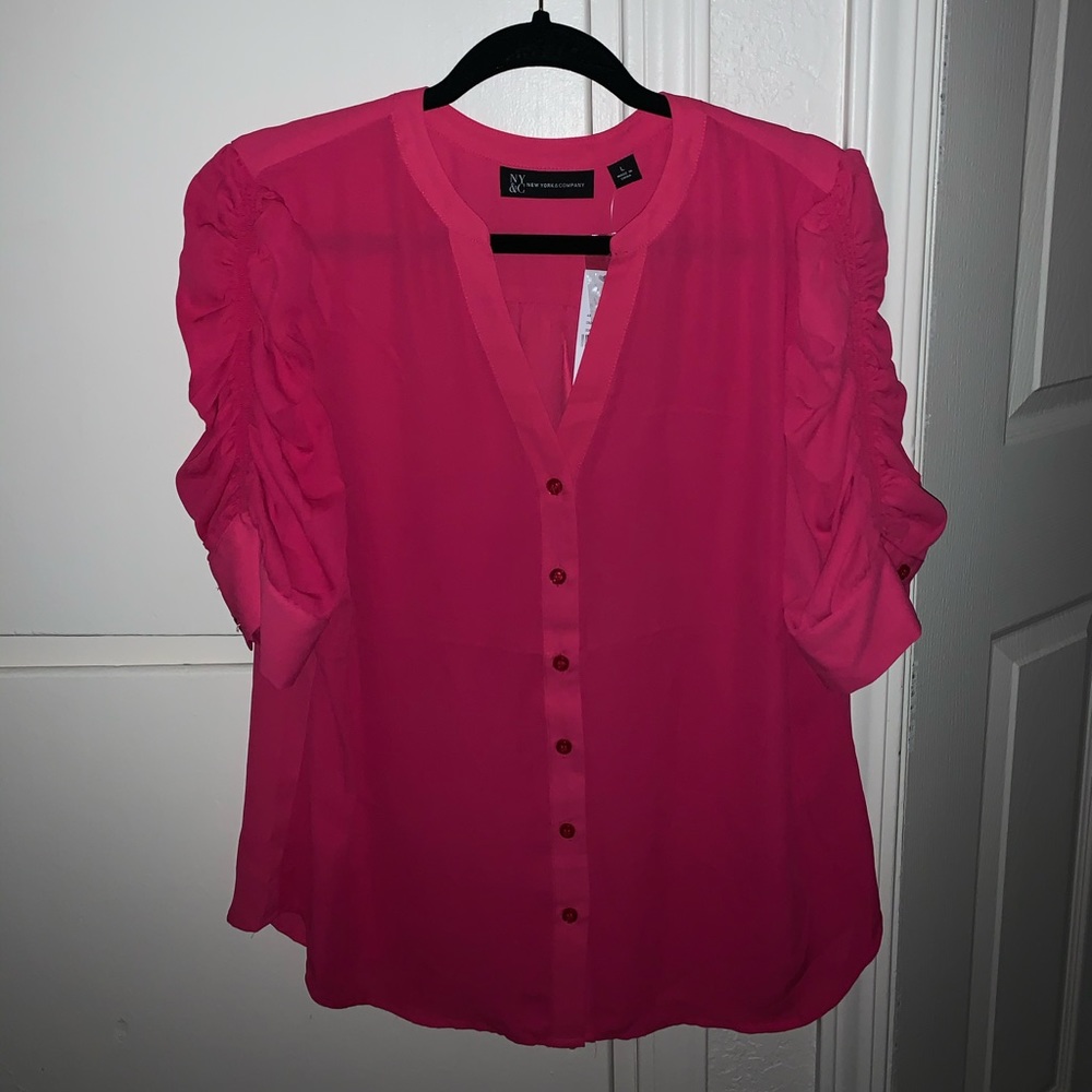 Hot pink blouse with ruffles sleeves